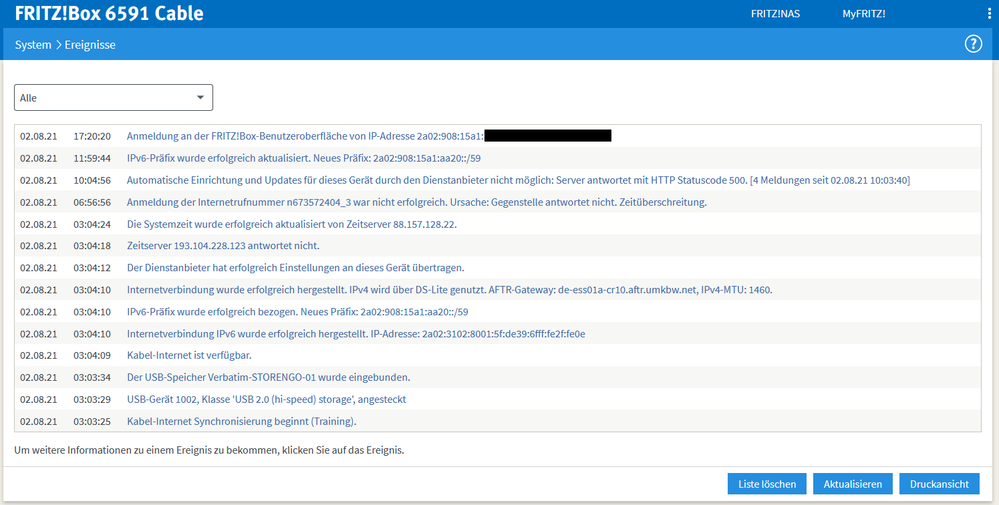 02.08  Router hat sich neu gestartet, ab morgen früh Telefon Ausfall