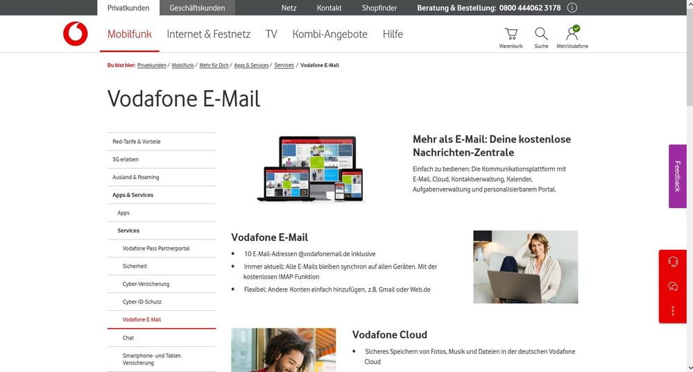 Danach habe ich auf E-Mail Konto einrichten geklickt und lande auf einer neuen Seite (https://www.vodafone.de/privat/service/vodafone-email.html)