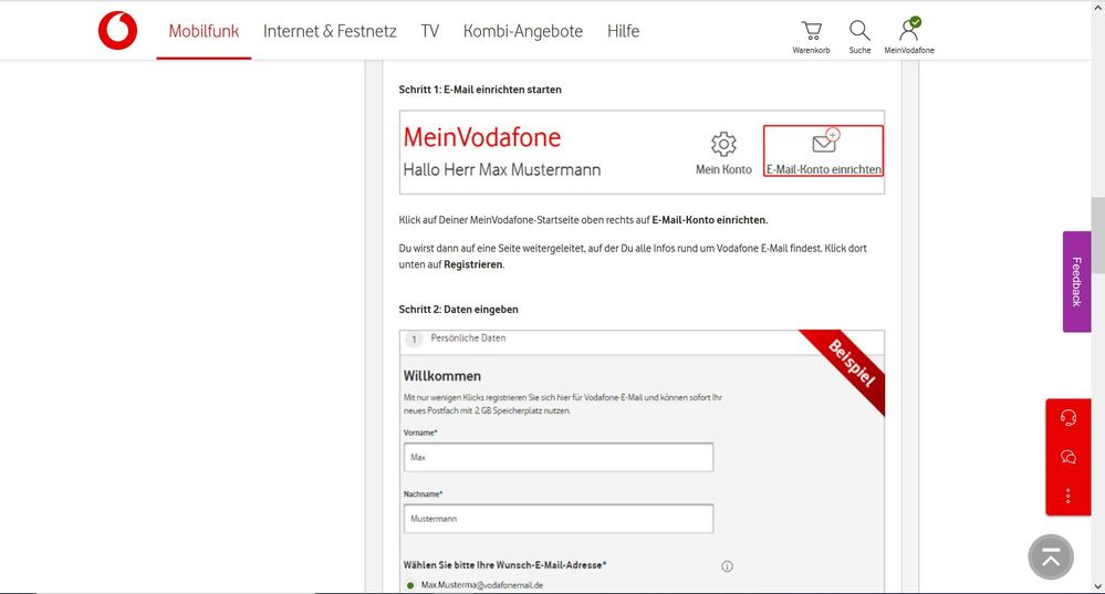 Hier habe ich dann auf den Bereich (Wie registriere ich mich für Vodafone E-Mail?) geklickt. In diesem Fenster steht, dass unten eine Registrierungsbutton sein soll, den finde ich leider nicht!