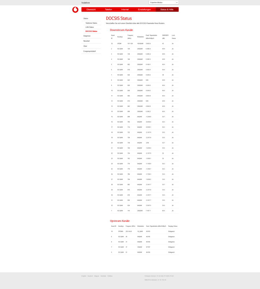 DOCSIS Status ohneBridge-Modus
