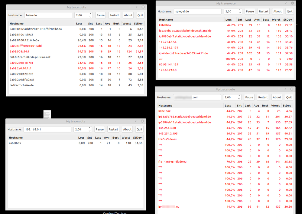 Links Oben der ipv6 host, welcher wie immer funktioniert. Rechts 2 ipv4 hosts, welche nicht mehr funktionierten).  Links unten der lokale LAN ping.