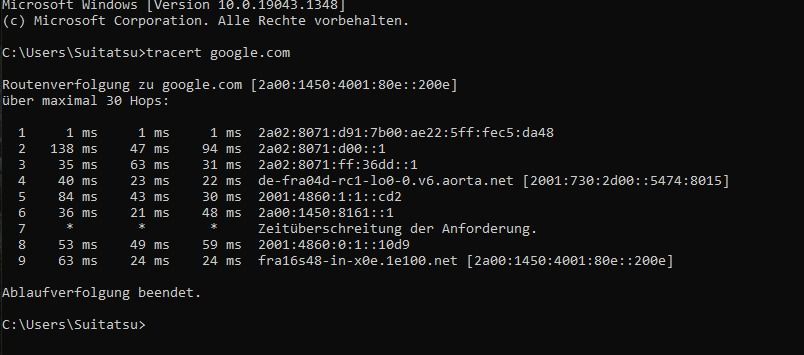 tracert google.com / 21.11.2021 ; 22:40Uhr