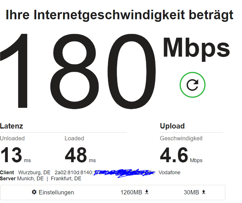 Download schwangt je nach Messung zwischen 100-300 Mbps und Upload zwischen 5-25 Mbps