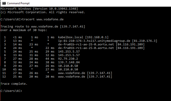 Tracert  zu www.vodafone.de