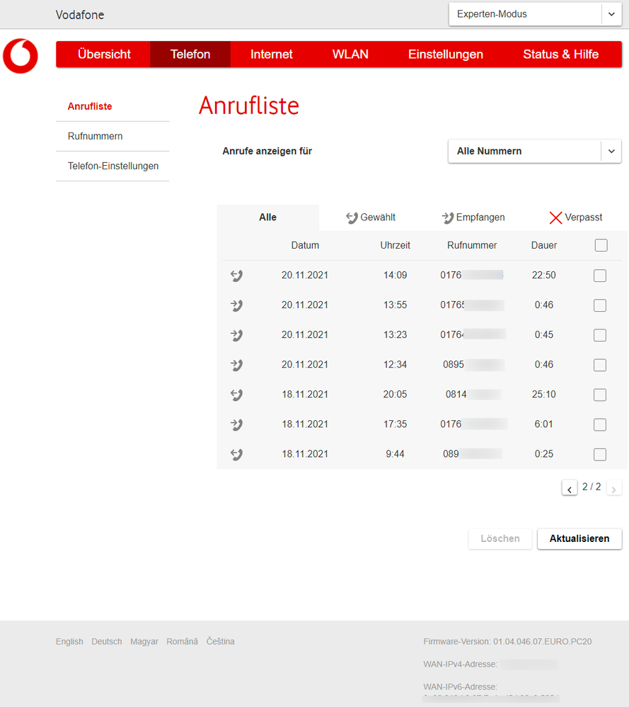 Vodafone Router mit Nummern