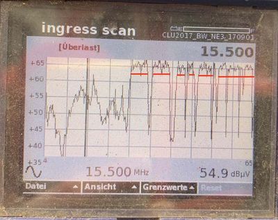 Hier mit St&ouml;rquelle, hab mit einer roten Linie die Peaks der St&ouml;rung markiert. Generell geht das Signal nie runter, was es wie im Bild davor eigentlich sollte