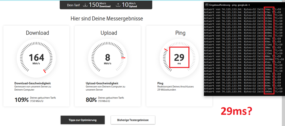 Ich verstehe ja, dass der Ping hochschießt wärend des DL-Speedtests, aber ich komm da beim besten Willen nicht auf 29ms Durchschnitt.