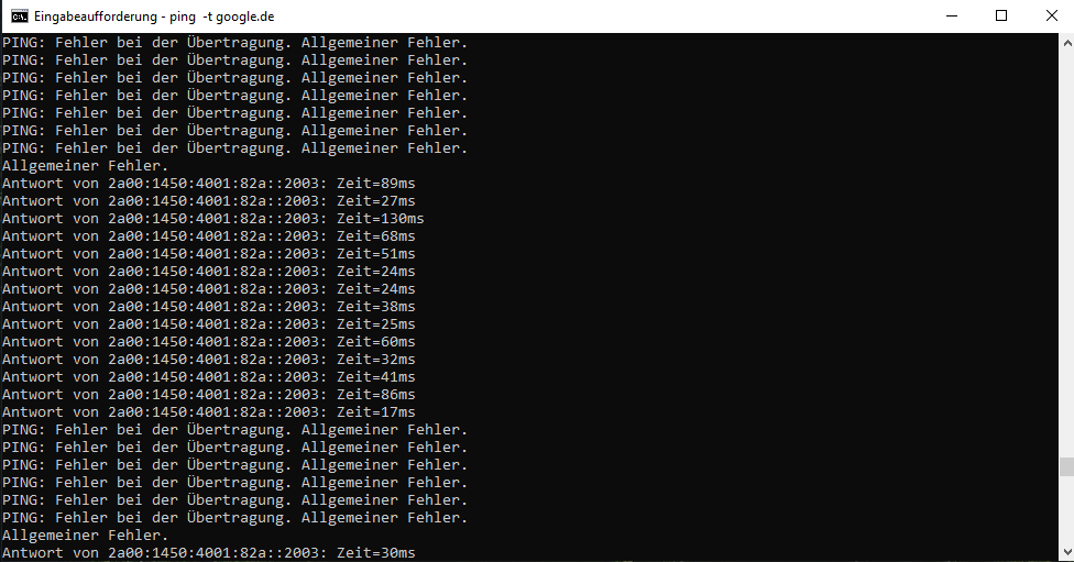 Hier zum Beispiel habe ich die Verbindung zum Server komplett verloren da der Ping auf unendlich ging.