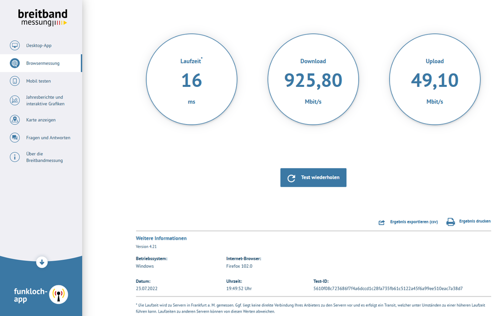 Breitbandmessung 23.07.2022 19:52 Uhr