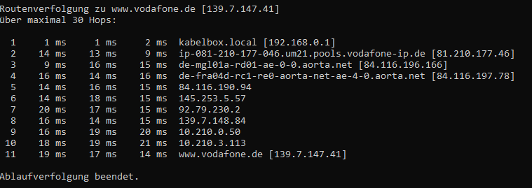 tracert vodafone.de 29.07.2022; 07:14