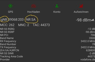 gNB = 5G-SA Stationsnummer, NR SA = 5G Standalone Modus