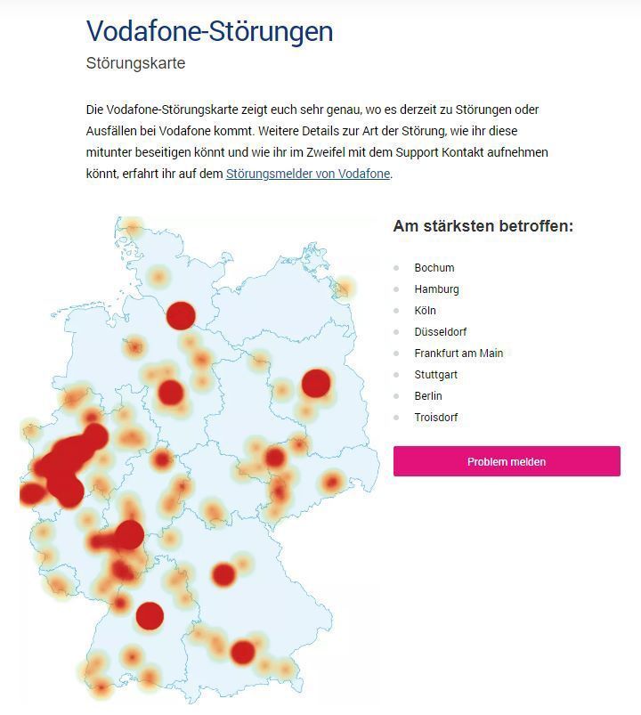 Mehrere Störungmelde-Seiten bestätigen das 1.) Vodafones Status zur Region nicht stimmt(genauso wie die Einfärbung des betroffenen Gebietes)