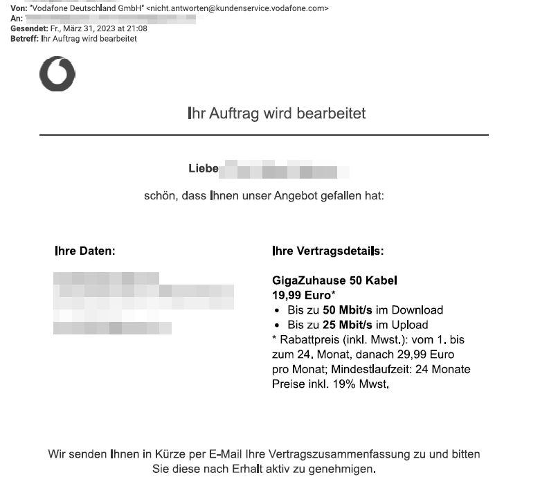 Angebot 19,99 angenommen Vertragszusammenfassung abwarten