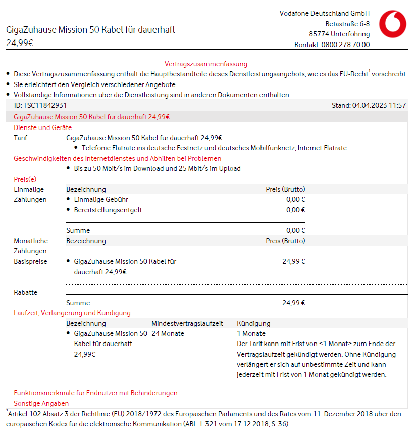 Vertragszusammenfassung falsch 24,99