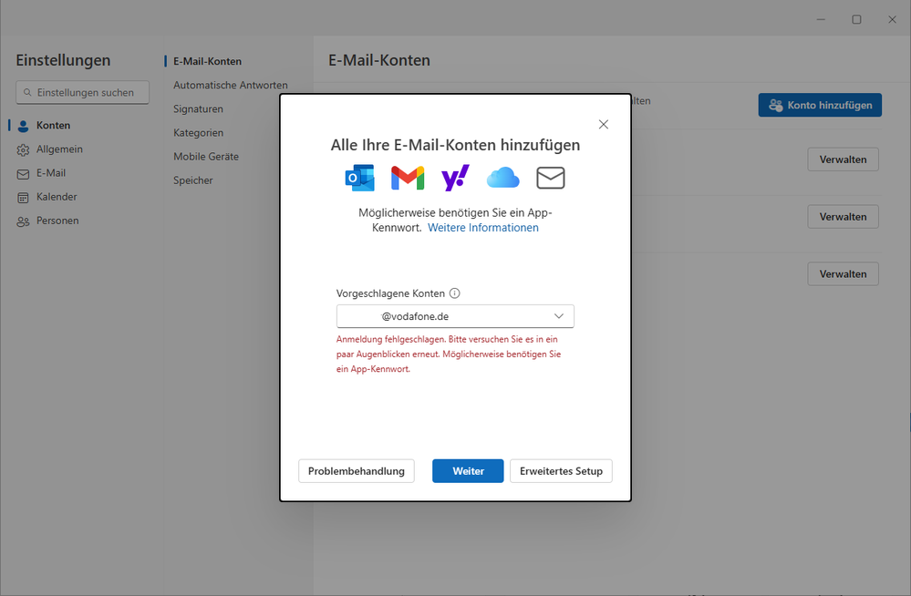 neues  Outlook Anmeldung fehlgeschlagen Möglicherweise benötigen Sie ein App Passwort.png