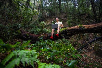 Mann sitzt mit Laptop im Wald .jpg KI-generiertes Bild