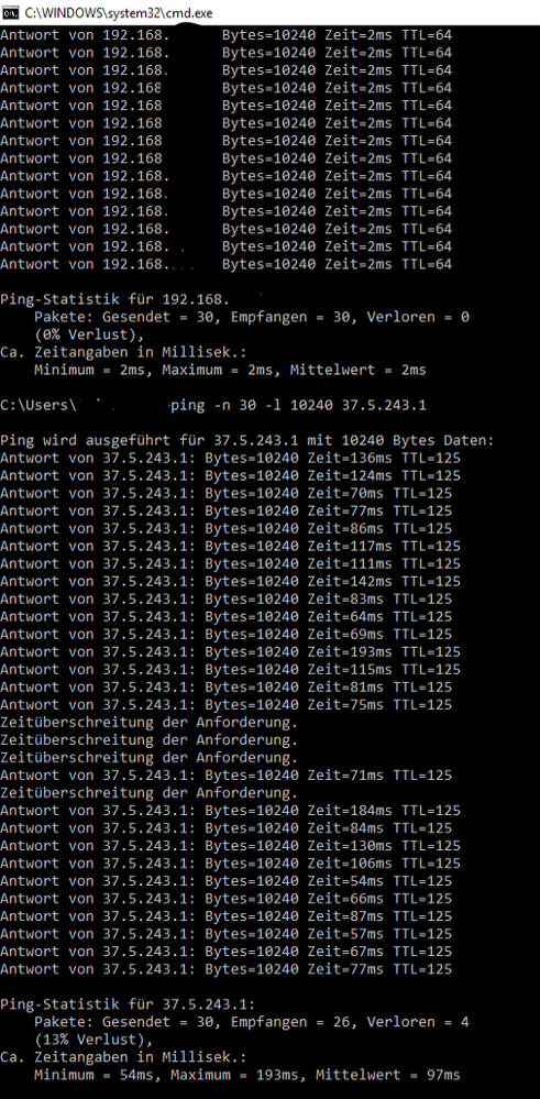 Paket verluste vom Server 37.5.243.1