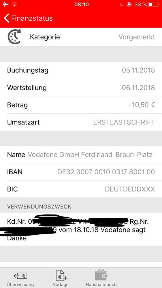 Abbuchung von Vodafone auf Ihr Konto