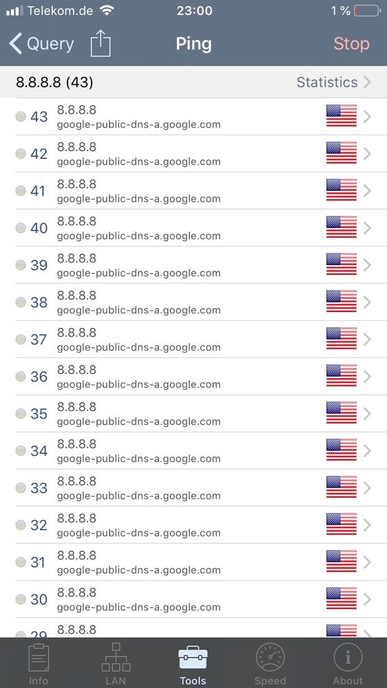 ping Google DNS 12.01.19 23.00 Uhr