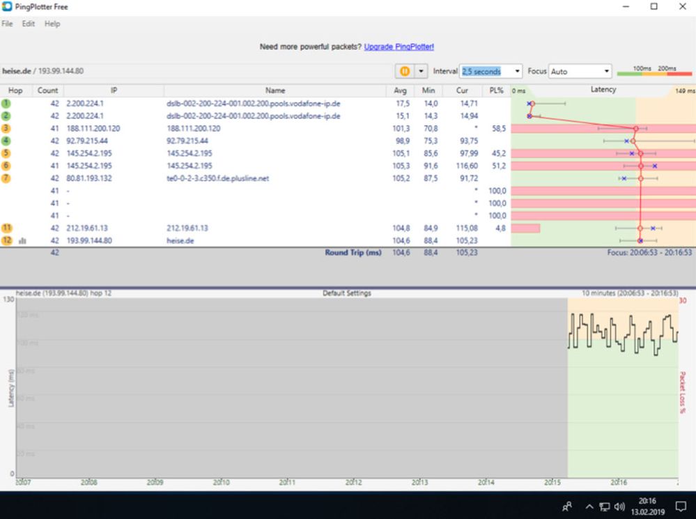 Abbildung 1: Traceroute heise.de Quelle: Eigener Screenshot, angefertigt mit der Software PingPlotter Free Version 5.8.10.5715