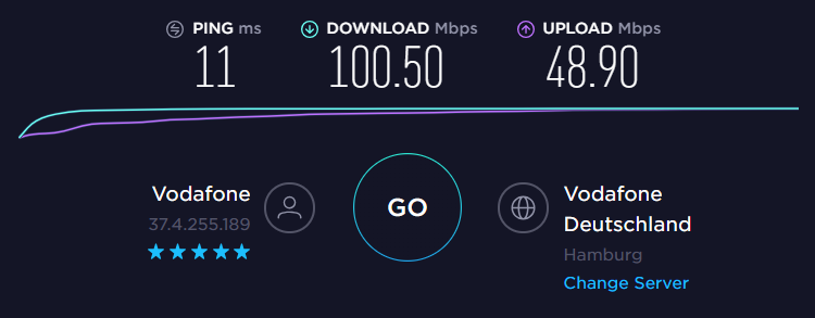 Speedtest zu einem Vodafone-Server