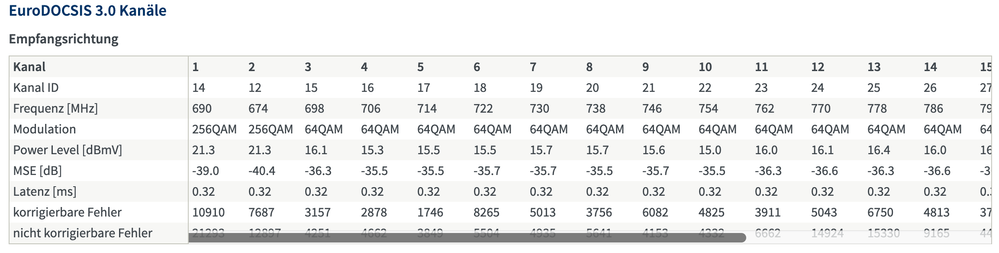 Kanalqualität (Die Menge an nicht korrigierbaren Fehlern lässt sich auf die Kabelprüfung zurück führen. Wir haben hier überprüft, ob die Kabelverbindungen alle korrekt sitzen.)