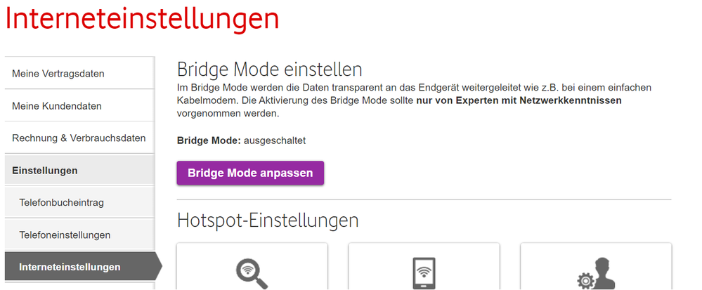 Bridge Modus Einstellung