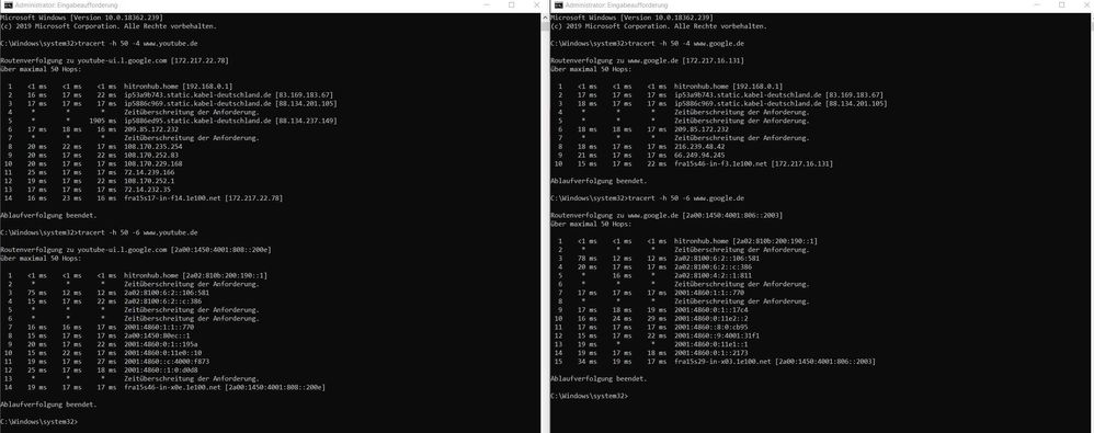 Tracert Youtube.de, Google.de jew. IPv4 u 6