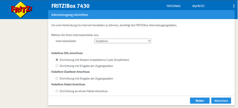 select "Internetanbieter"="Vodafone" and the first option button saying "Modem-Installations-Code" and klick on "weiter"