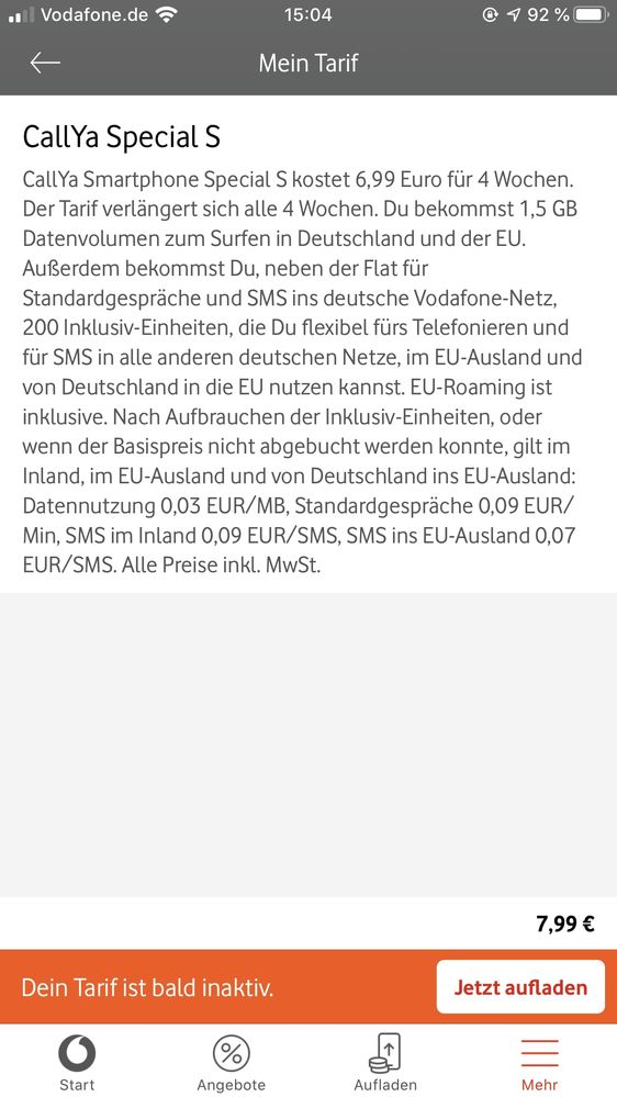 Screenshot MeinVodafone Tarifbeschreibung