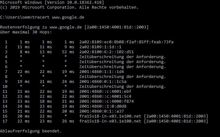 Tracert zu Google 3.11.