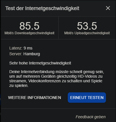 Speedtest bei einem einbruch - ging runter bis 10MBit 85 war durchschnitt.