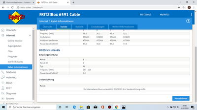 Modemwerte - DOCSIS 3.1 Kanäle