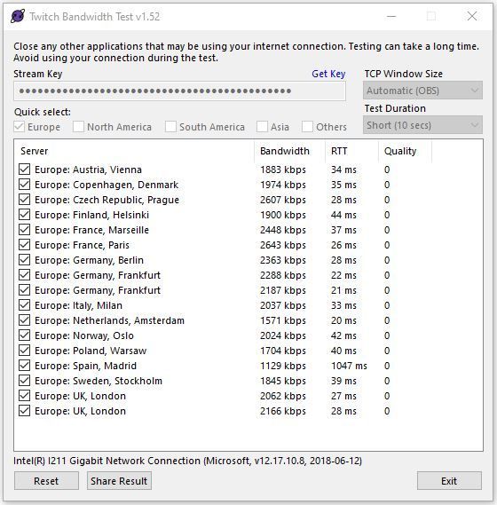 Ergebnis von Twitch Bandwidth Test