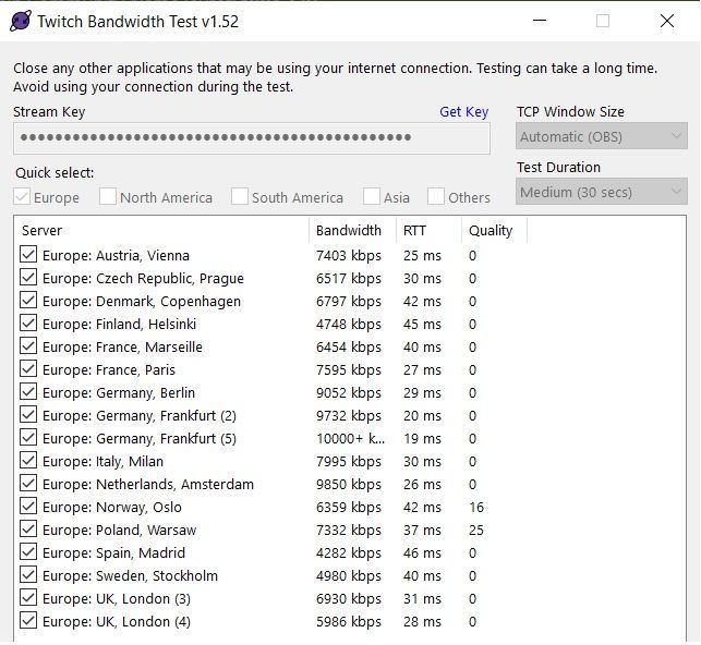 Quality: This is a metric which tries to measure the overall stability / quality of the connection based on the rate at which data was sent and the number of re-transmitted packets. It's measured out of 100, and a quality rating of 80 or higher is recommended for a stable stream. If your internet connection is below 10mbps upload, quality numbers may be lower due to your ISP discarding data.