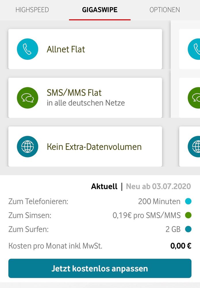 Gigaswipe Optionen nach Vertragsverlängerung