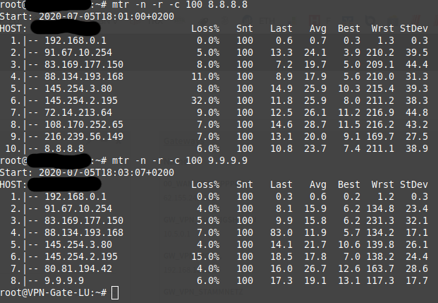 Traceroute zu 8.8.8.8 und 9.9.9.9