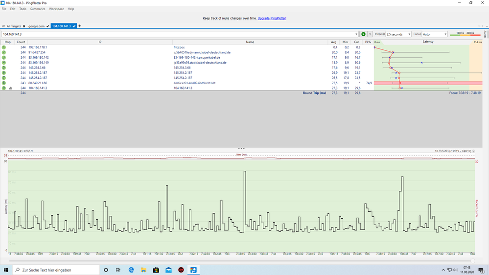 Pingplotter Test heute morgen um 7:38