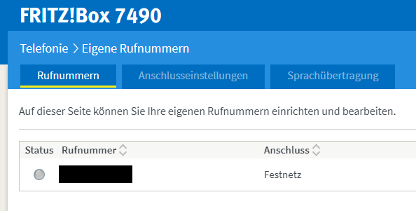 Fritzbox Rufnummer Status grau
