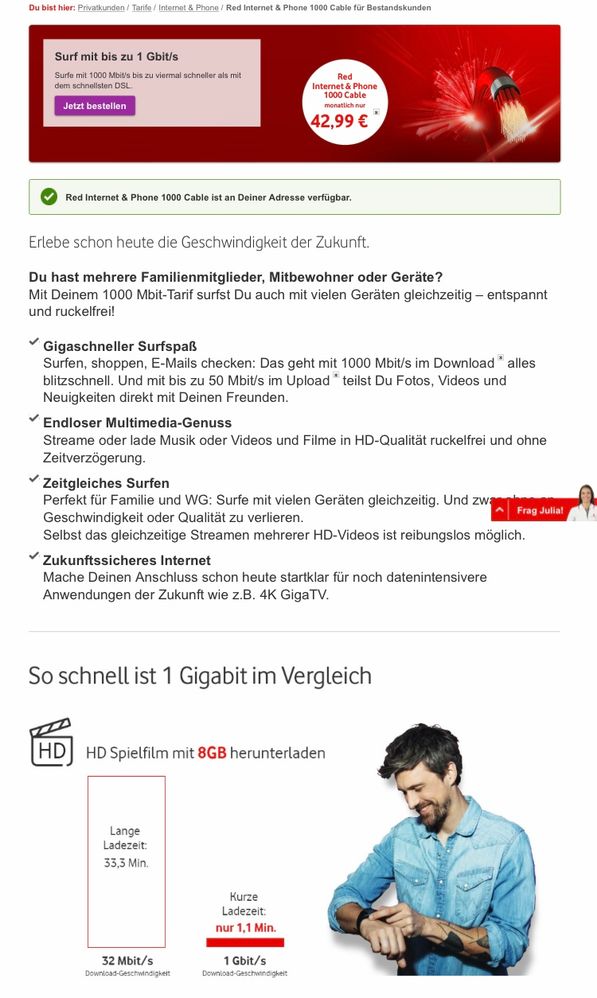 „Red Internet & Phone 1000 Cable“ monatlich nur 42,99€