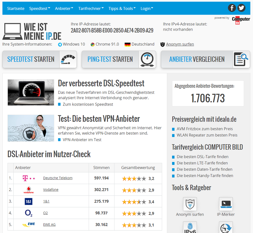 wieistmeineip.de sagt keine IPv4