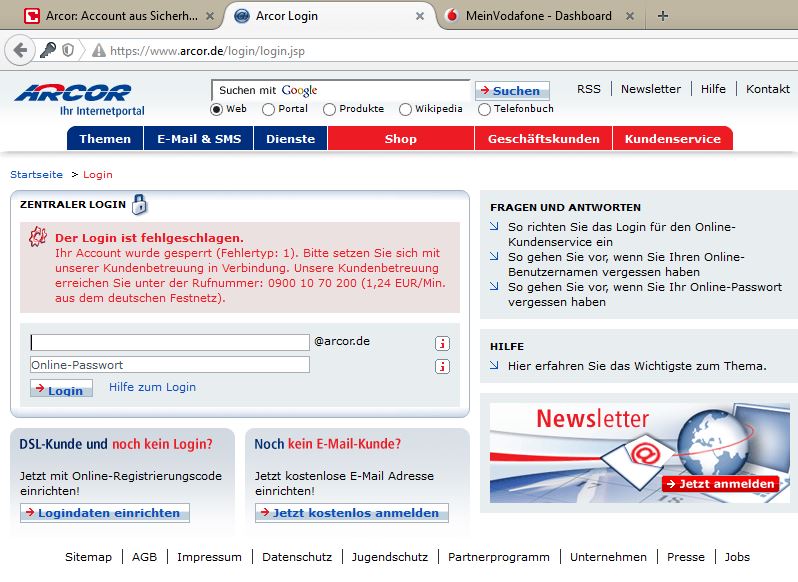 Betreff Arcor Login Der Login Ist Fehlgeschl Agen Seite 21 Vodafone Community