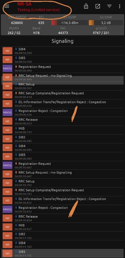 DXx664: N78 SA - Registration Reject: Congestion